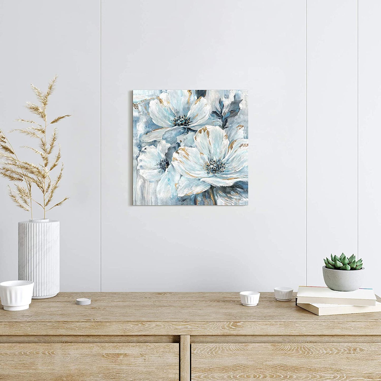 Flower Canvas Wall Art Bedroom: Modern Living Room Bathroom Abstract Blue Lily Floral Painting Simple Botanical Bouquet Picture Giclee Print Minimalist Contemporary Gallery Artwork 12X12