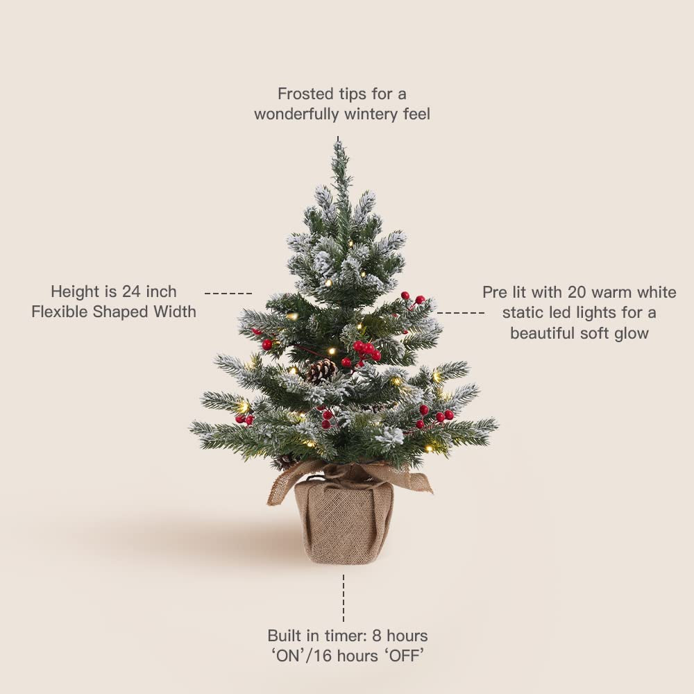 24 Inch 2 FT Pre-Lit Snowy Mini Christmas Tree, DESPAS Flocked Small Tabletop Christmas Tree with 20 LED Lights Red Berries Pine Cones and Cloth Bag Base Xmas Decorations for Holiday Party Home