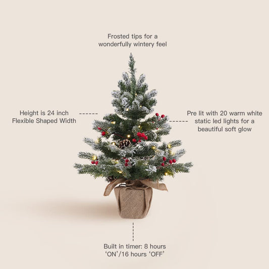 24 Inch 2 FT Pre-Lit Snowy Mini Christmas Tree, DESPAS Flocked Small Tabletop Christmas Tree with 20 LED Lights Red Berries Pine Cones and Cloth Bag Base Xmas Decorations for Holiday Party Home