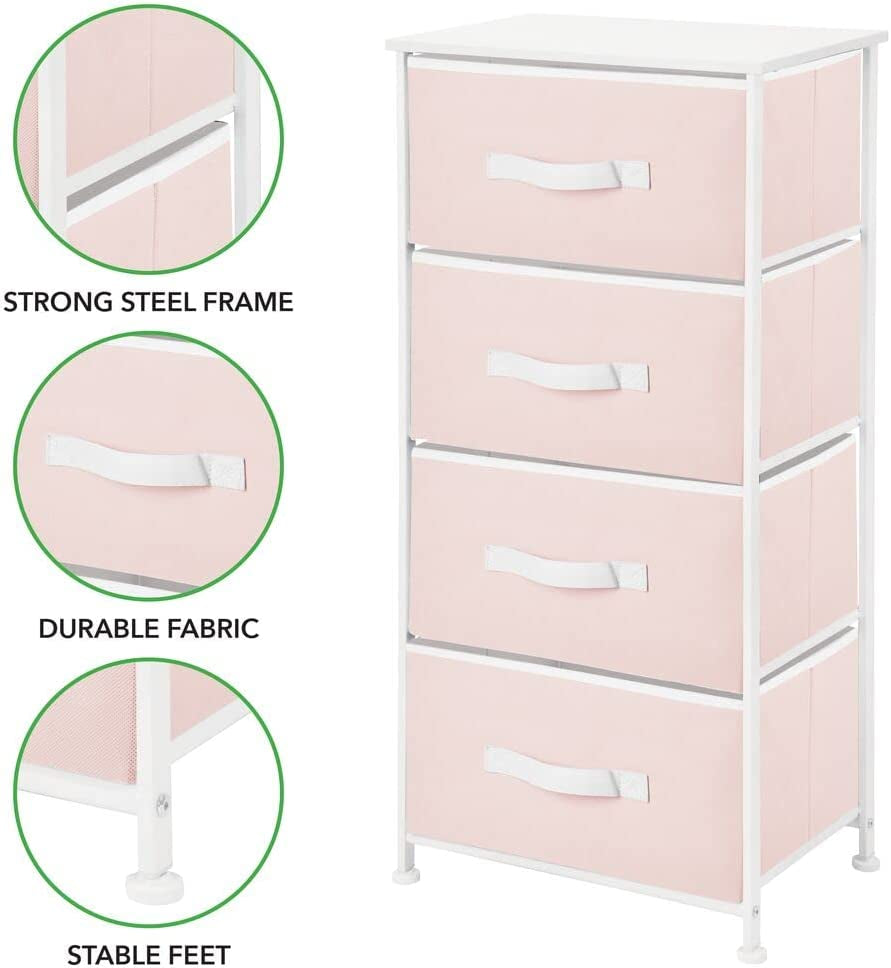 Mdesign Storage Dresser Furniture Unit - Tall Baby and Kid Standing Organizer Tower for Bedroom, Nursery, Playroom, and Closet - 4 Drawer Removable Fabric Bins - Pink/White