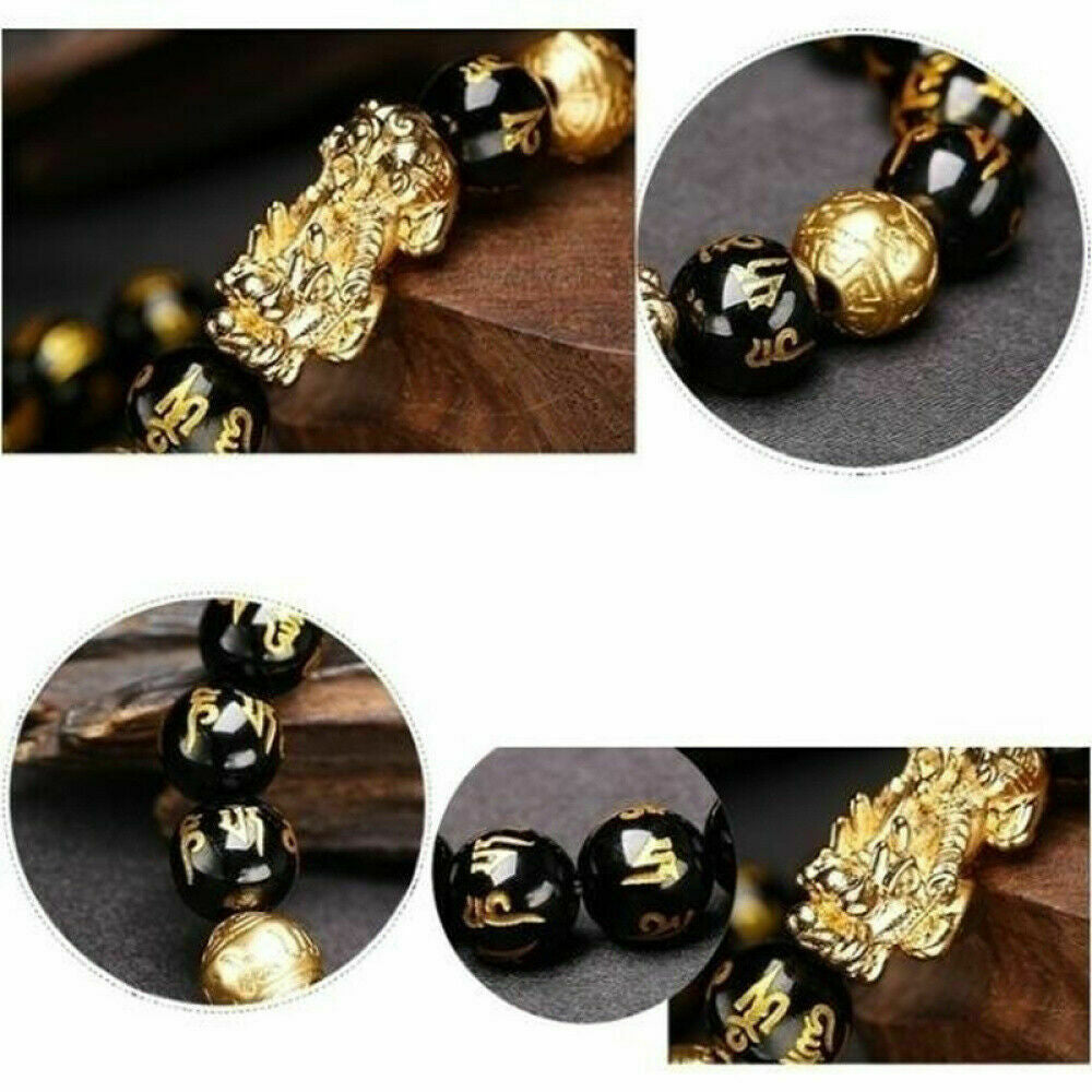 Feng Shui Black Obsidian Beads Bracelet Attract Wealth & Good Luck Bangle Pixiu