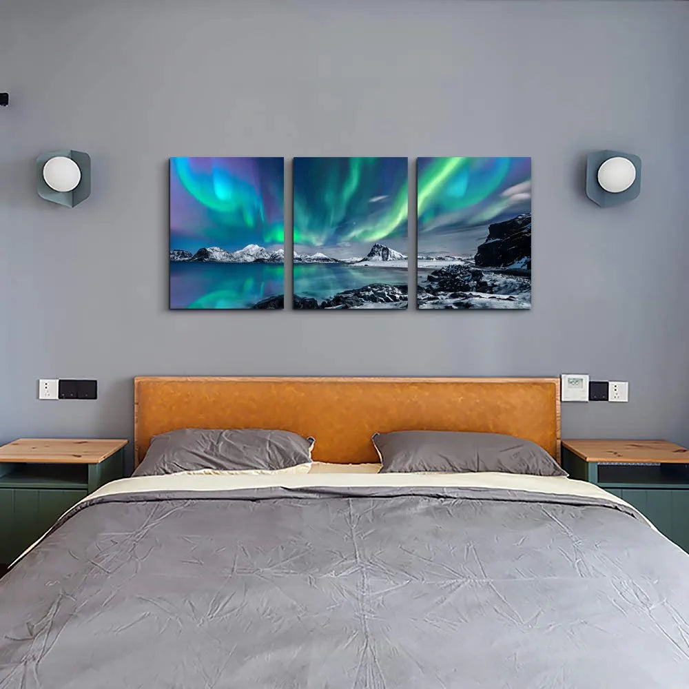 Farmhouse Wall Art Aurora Scenery Painting on Canvas Wall Decorations for Living Room Stretched and Framed Canvas Paintings 3 Piece Bedroom Bathroom Wall Decor Ready to Hang for Office Home Decor Art
