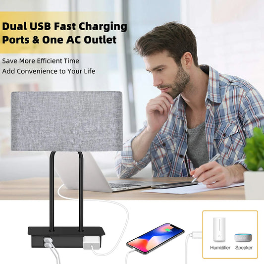 Set of 2 Touch Control 3-Way Dimmable Table Lamp with 2 USB Ports &1 AC Outlet, Modern Bedside Nightstand Lamps with Fabric Shade, Desk Lamps for Bedroom Living Room Grey, Bulbs Included