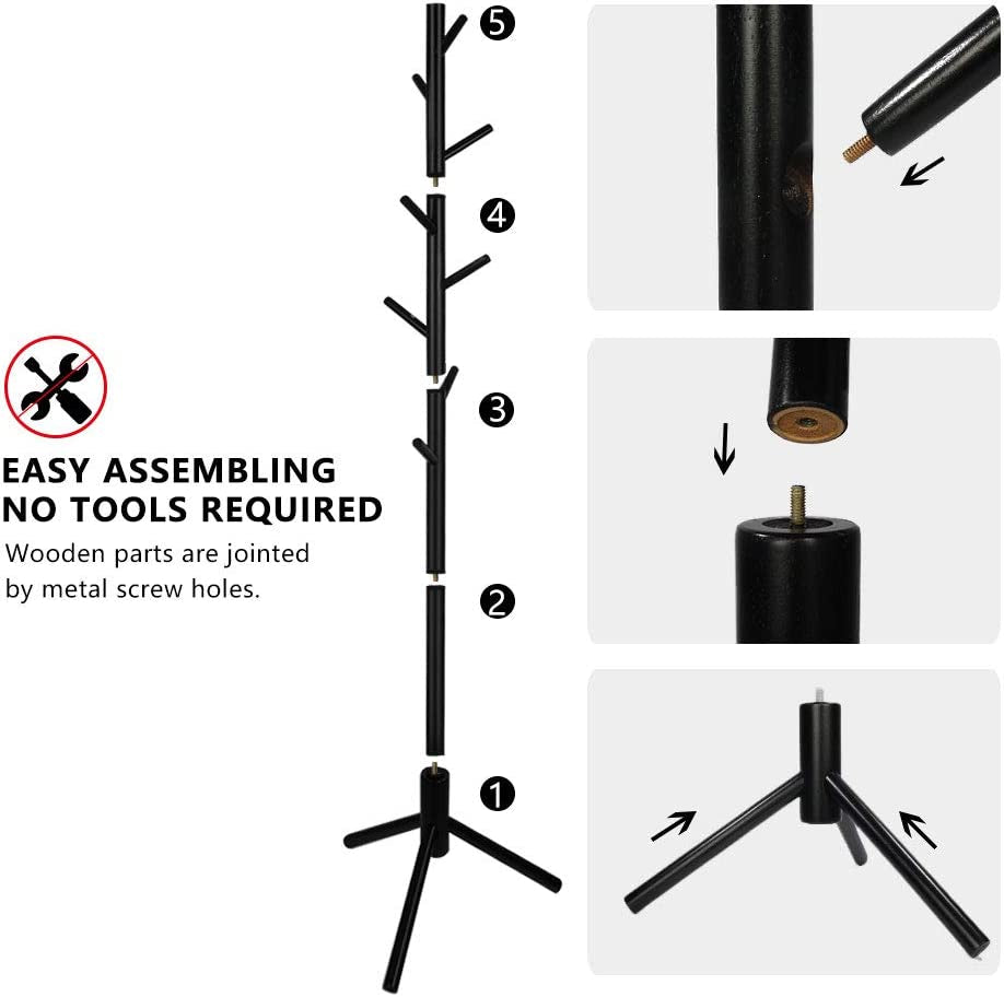 Wooden Tree Coat Rack Stand, 3 Adjustable Sizes, 8 Hooks - Super Easy Assembly NO Tools Required - Free Standing Solid Coat Hanger Stand for Clothes, Suits, Accessories (Black)