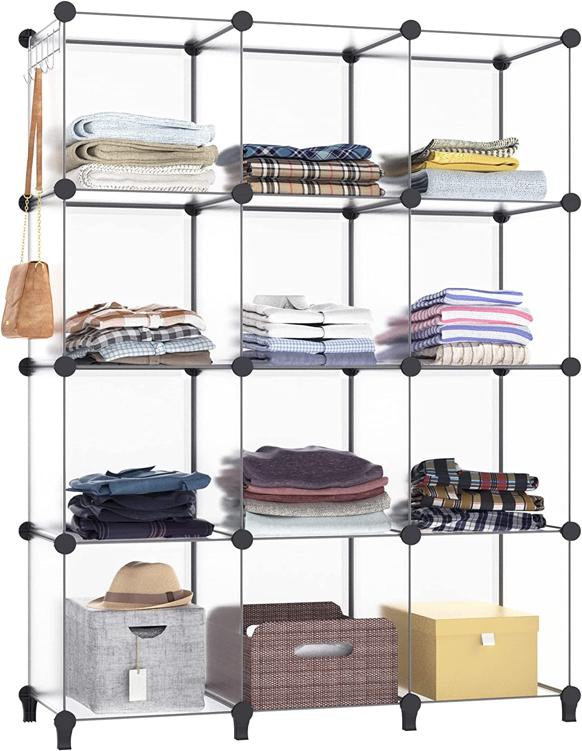 Closet Organizer, 12-Cube Closet Organizers and Storage, Portable Closet Storage Shelves, Clothing Storage for Kids, Closet, Bedroom, Bathroom, Office (11.8X11.8X11.8 Inch), Transparent