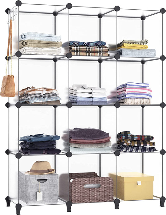 Closet Organizer, 12-Cube Closet Organizers and Storage, Portable Closet Storage Shelves, Clothing Storage for Kids, Closet, Bedroom, Bathroom, Office (11.8X11.8X11.8 Inch), Transparent