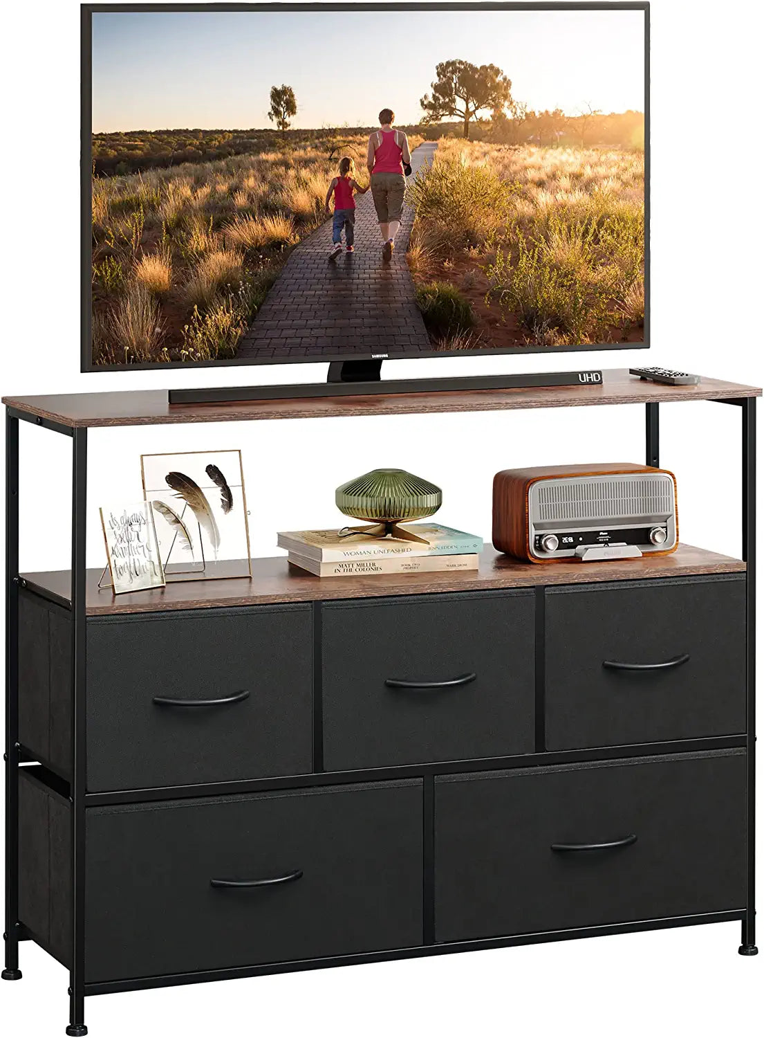 Dresser TV Stand, Entertainment Center with Fabric Drawers, Media Console Table with Open Shelves for TV up to 45 Inch, Storage Drawer Unit for Bedroom, Living Room, Black and Rustic Brown