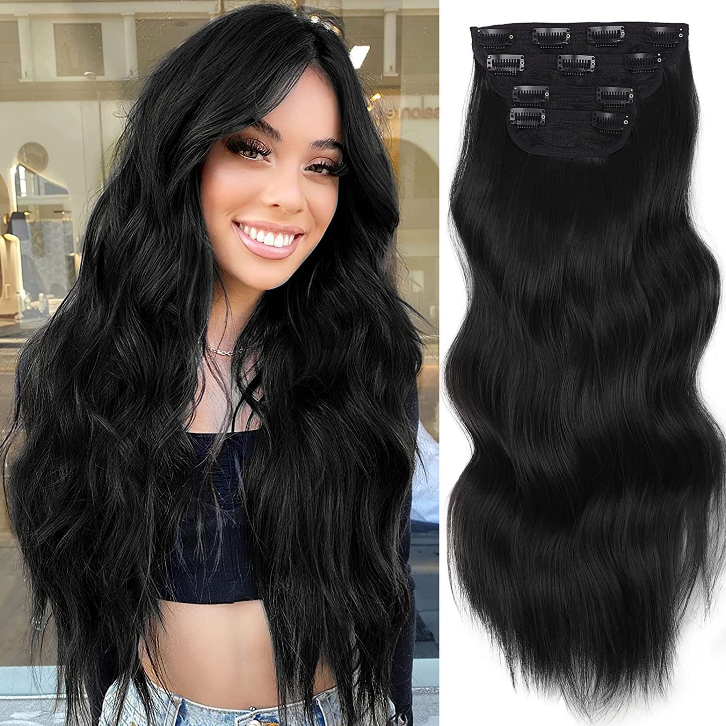 Black Hair Extension for Women Natural Synthetic Clip in Hair Extensions 4PCS Thick Hairpieces Double Weft