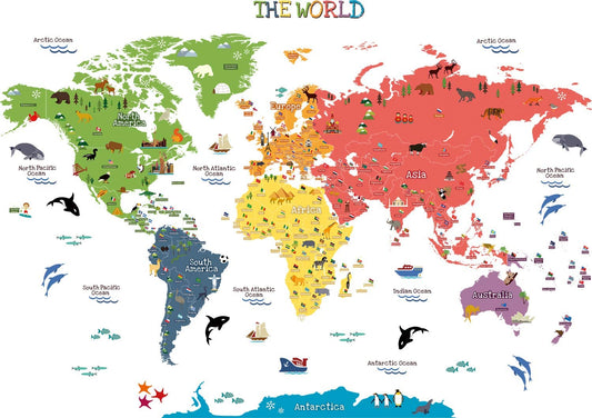 Kids Educational Removable World Map Peel and Stick Large Wall Decals Stickers for Children Nursery Bedroom Living Room…
