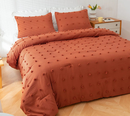 Terracotta Comforter Queen Comforter Set Burnt Orange Comforter Boho Comforter Tufted Pom Pom Ultra Soft Bed Set with 2 Pillow Cases All Season