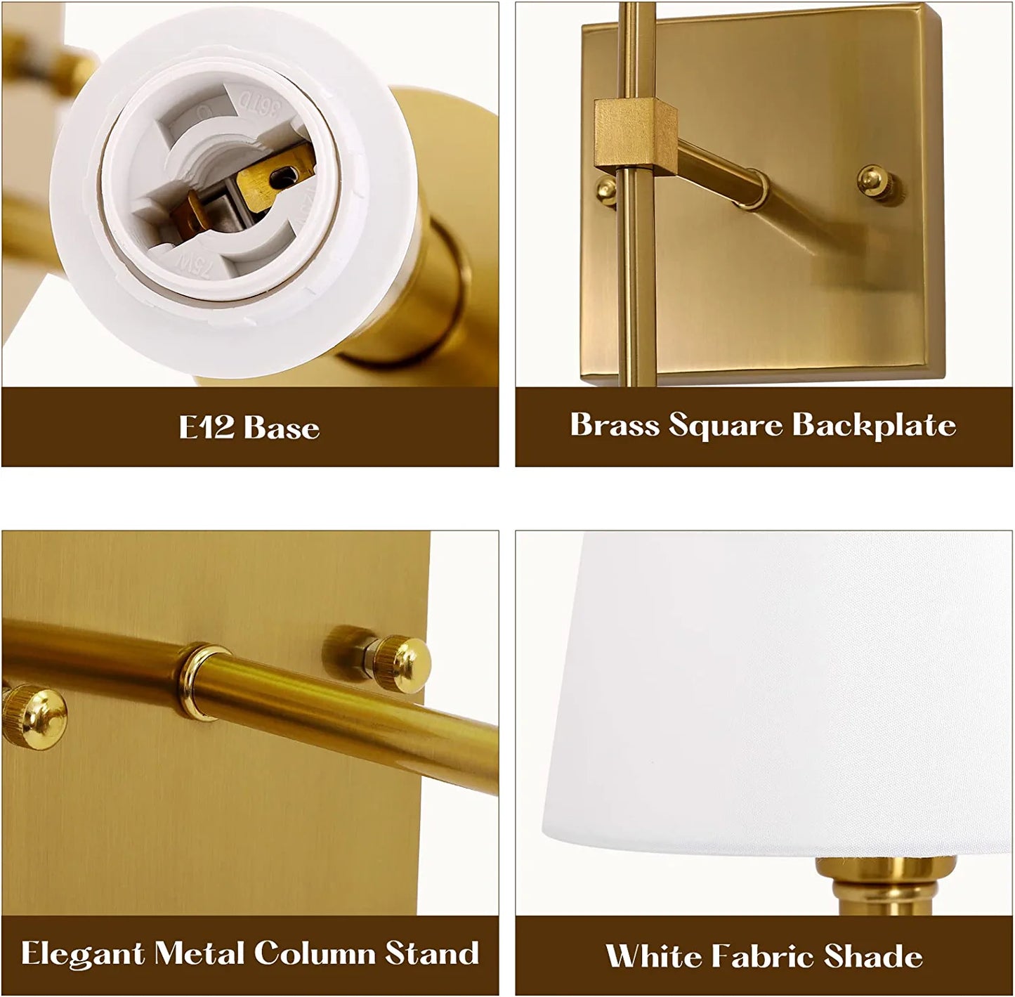 Wall Sconces Set of 2, Dimmable Sconces Wall Lighting, Classic Hardwired Indoor Brushed Gold Metal Sconce Lights with Fabric Shades (Bulb and Switch Not Included)