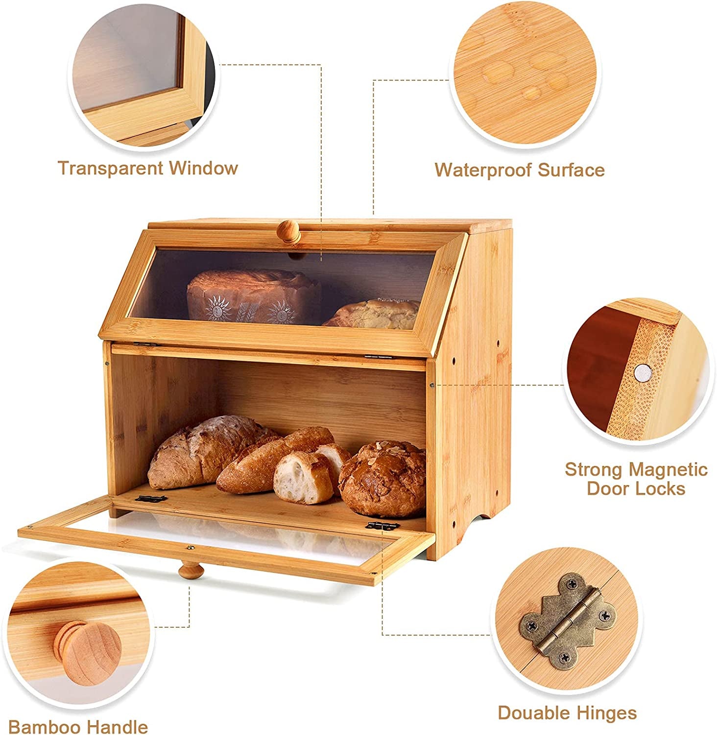 Double Compartment Bread Box - Extra Large Bamboo Bread Box for Kitchen Countertop, with Clear Window, Farmhouse Style Double Layer Bread Storage Bin Holder (Self-Assembly)