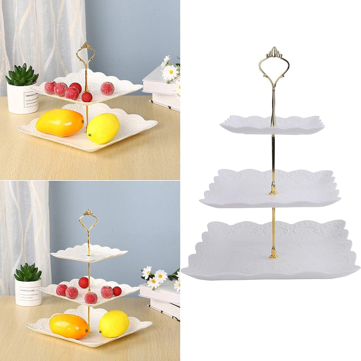 3 Pack 3 Tiers White Plastic Cupcake Stand Dessert Stand Tiered Serving Trays with Gold Rod - Round, Square, Flower