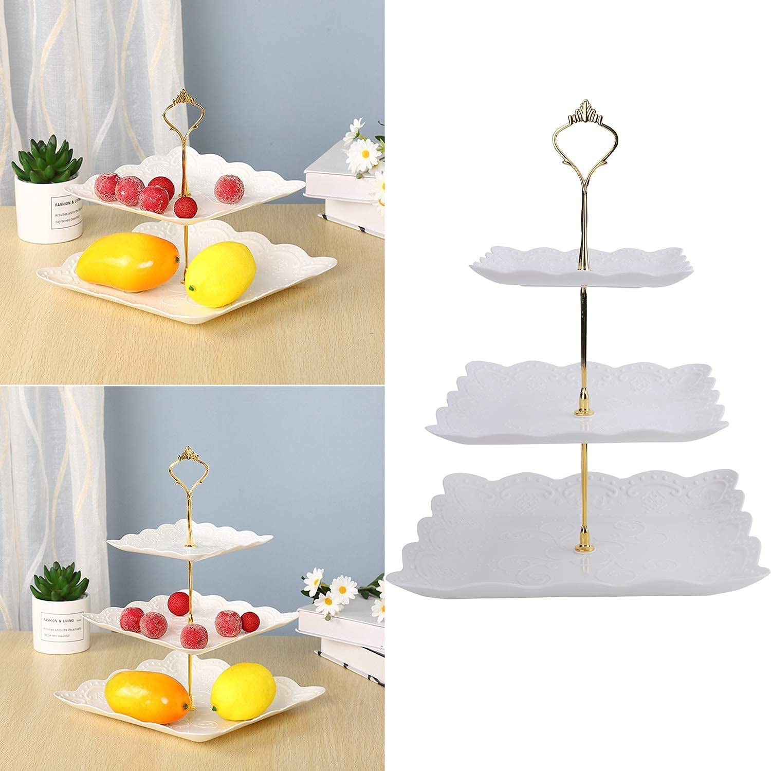 3 Pack 3 Tiers White Plastic Cupcake Stand Dessert Stand Tiered Serving Trays with Gold Rod - Round, Square, Flower