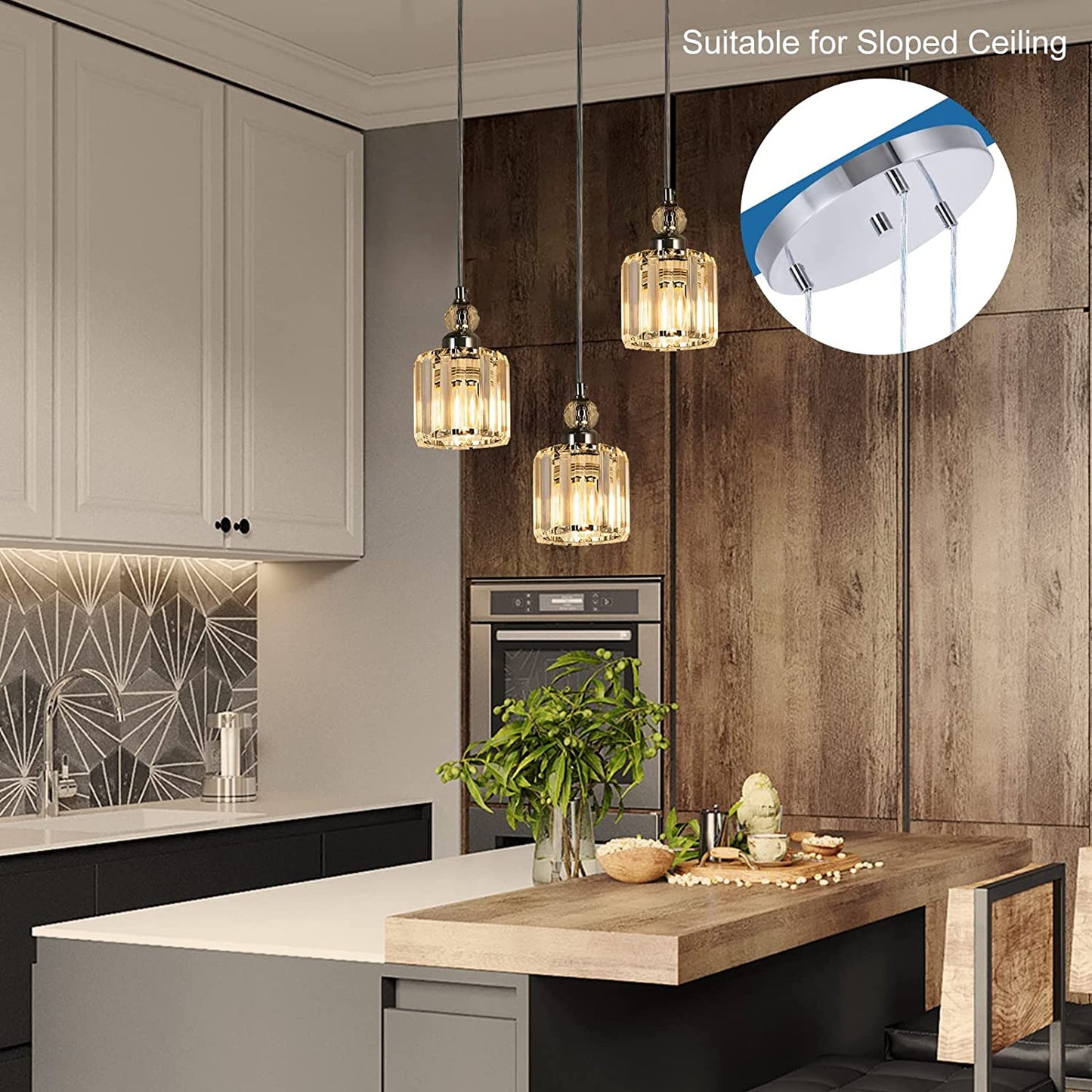 Crystal Pendant Ceiling Light Fixture for Kitchen Island,  Modern Mini Chandelier with Chrome Finished, 3-Light Pendant Lighting with E26 Ceramic Base, Adjustable Height