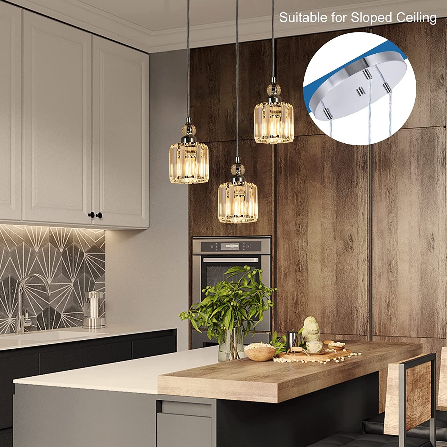 Crystal Pendant Ceiling Light Fixture for Kitchen Island,  Modern Mini Chandelier with Chrome Finished, 3-Light Pendant Lighting with E26 Ceramic Base, Adjustable Height