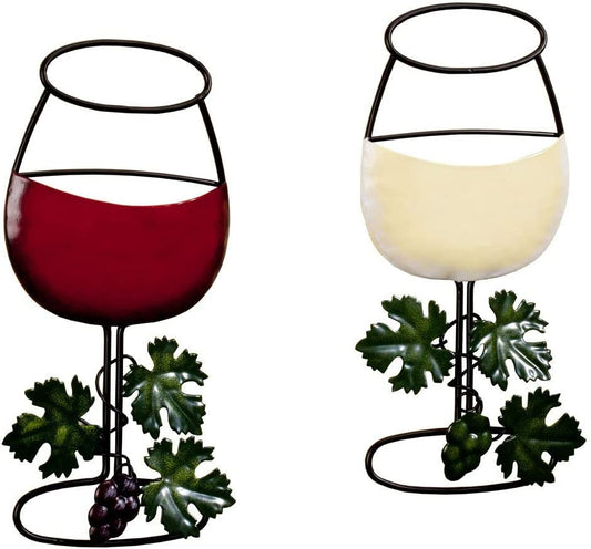 Miles Kimball Wine Wall Decor - Vintage Red & White Wine Glasses Metal Decoration for Home Kitchen, Living Room, Dining Area, Farmhouse - with Hanging Hooks for Easy Installation - 2 Pieces per Set