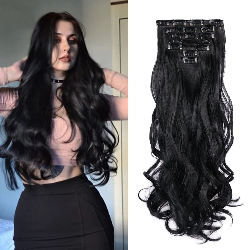 Clip in Hair Extensions 22 Inche Hairpieces 7 Pieces/Set Clip on Hair Extension Heat Resistant Synthetic Fiber for Women Daily Use Hair Make Clip Hair Extensions（Natural Black）