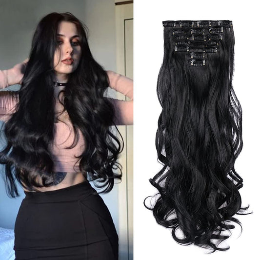 Clip in Hair Extensions 22 Inche Hairpieces 7 Pieces/Set Clip on Hair Extension Heat Resistant Synthetic Fiber for Women Daily Use Hair Make Clip Hair Extensions（Natural Black）