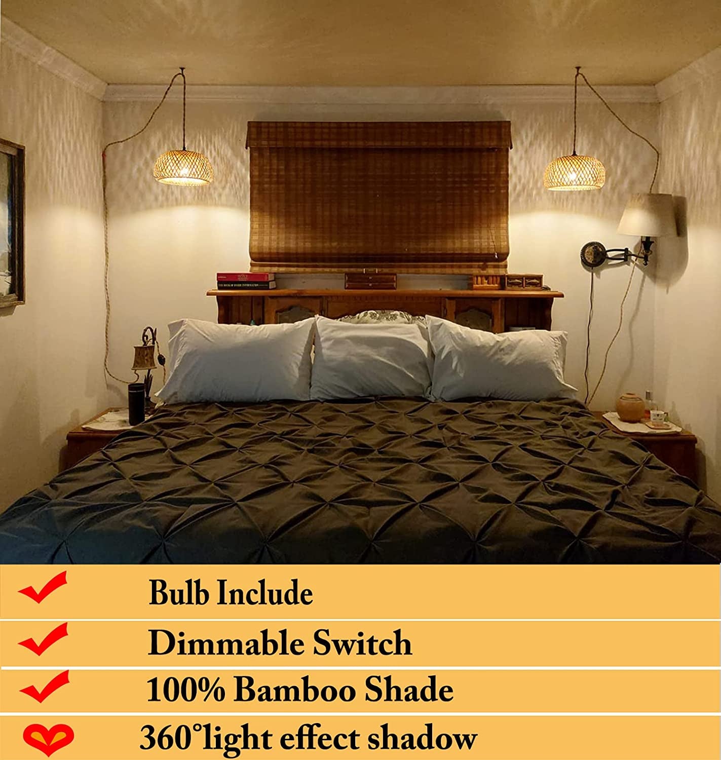 Plug in Pendant Light Rattan Hanging Lamp with Dimmable Switch 14Feet Hemp Rope Cord Bamboo Lampshade Rattan Hanging Lights Fixture with Plug in Cord