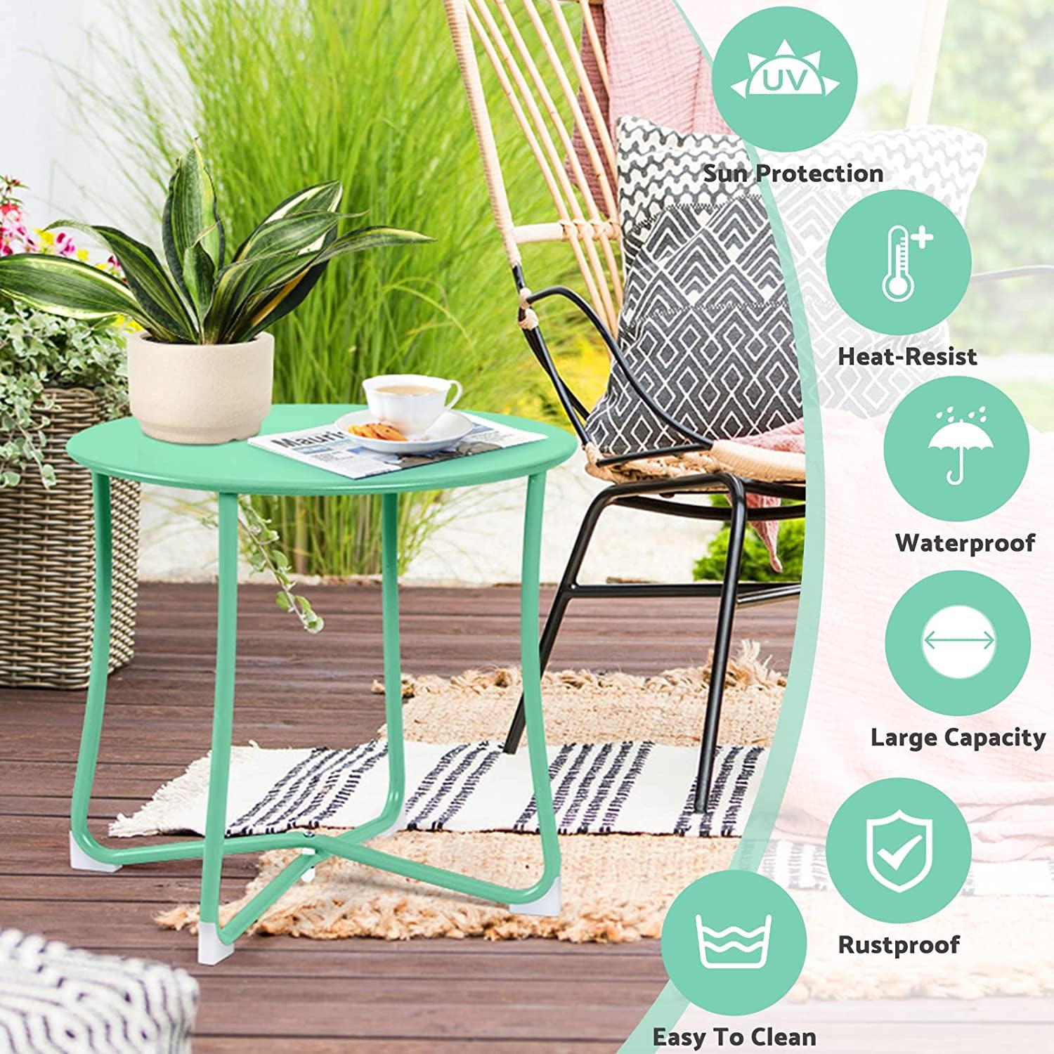 Amagabeli Metal Patio Side Table 18” X 18” Heavy Duty Weather Resistant Anti-Rust Outdoor End Table Small Steel round Coffee Table Porch Table Snack Table for Balcony Garden Yard Lawn, Mint Green