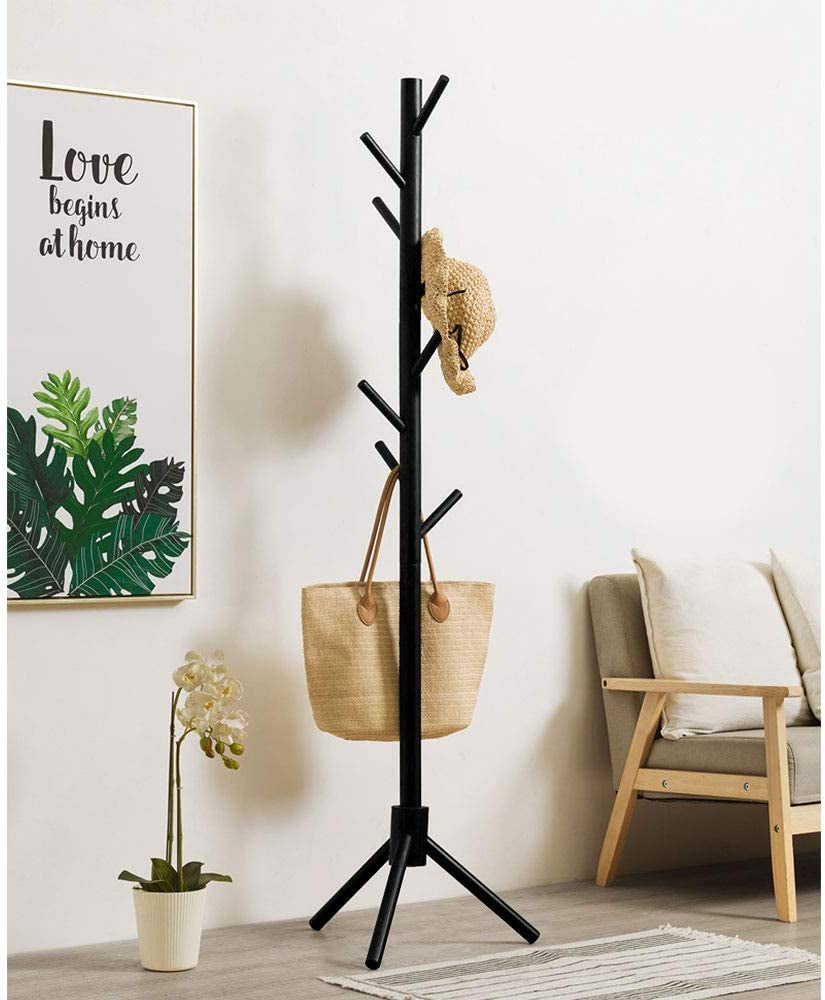 Wooden Tree Coat Rack Stand, 3 Adjustable Sizes, 8 Hooks - Super Easy Assembly NO Tools Required - Free Standing Solid Coat Hanger Stand for Clothes, Suits, Accessories (Black)
