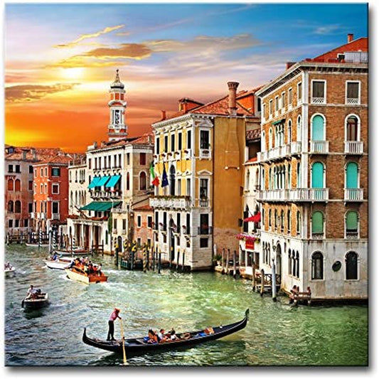 Wall Art Decor Poster Painting on Canvas Print Pictures Scenic Views of Venice Canal Boat Italy Town Landscape Framed Picture for Home Decoration Living Room Artwork