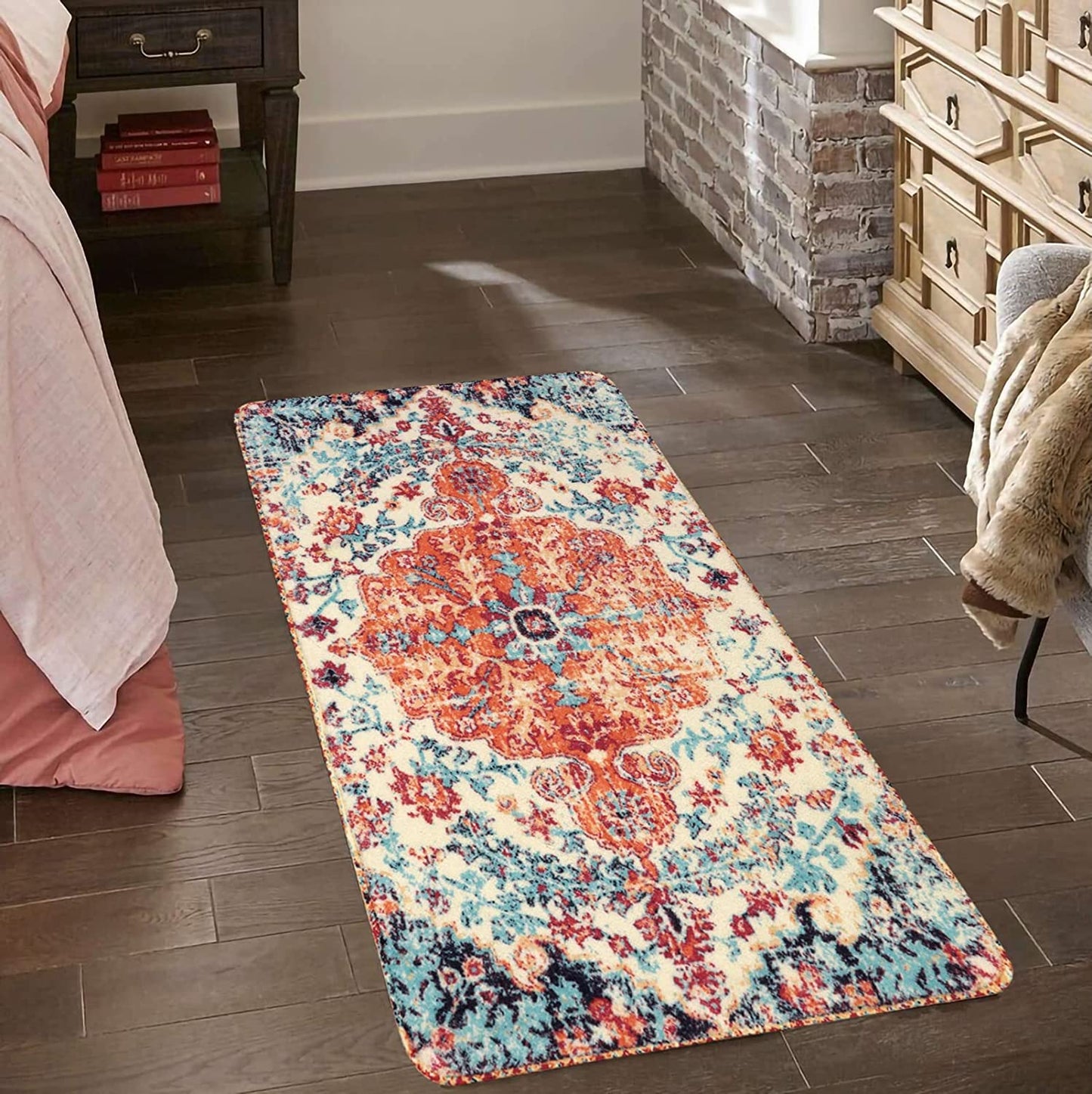 Bohemian Floral Medallion Area Rug - 2X4 Oriental Distressed Hallyway Runner Rug Doormat Faux Wool Non-Slip Bath Mat Washable Low-Pile Carpet for Kitchen Laundry Room(2 X 4, Orange Medallion)