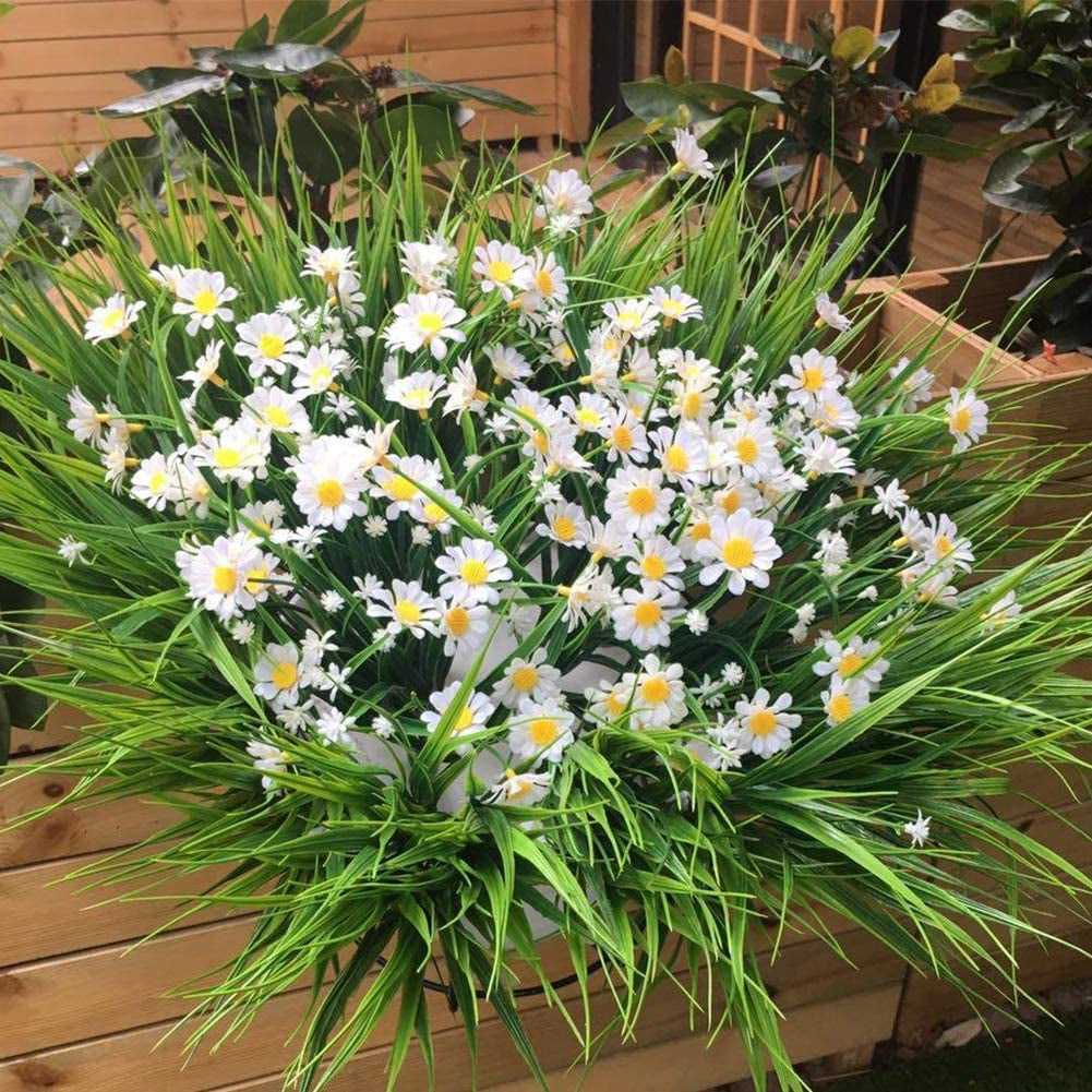 Artificial Daisies Flowers Outdoor UV Resistant 4 Bundles Fake Foliage Greenery Faux Plants Shrubs Plastic Bushes for Window Box Hanging Planter Farmhouse Indoor outside Decor(White)