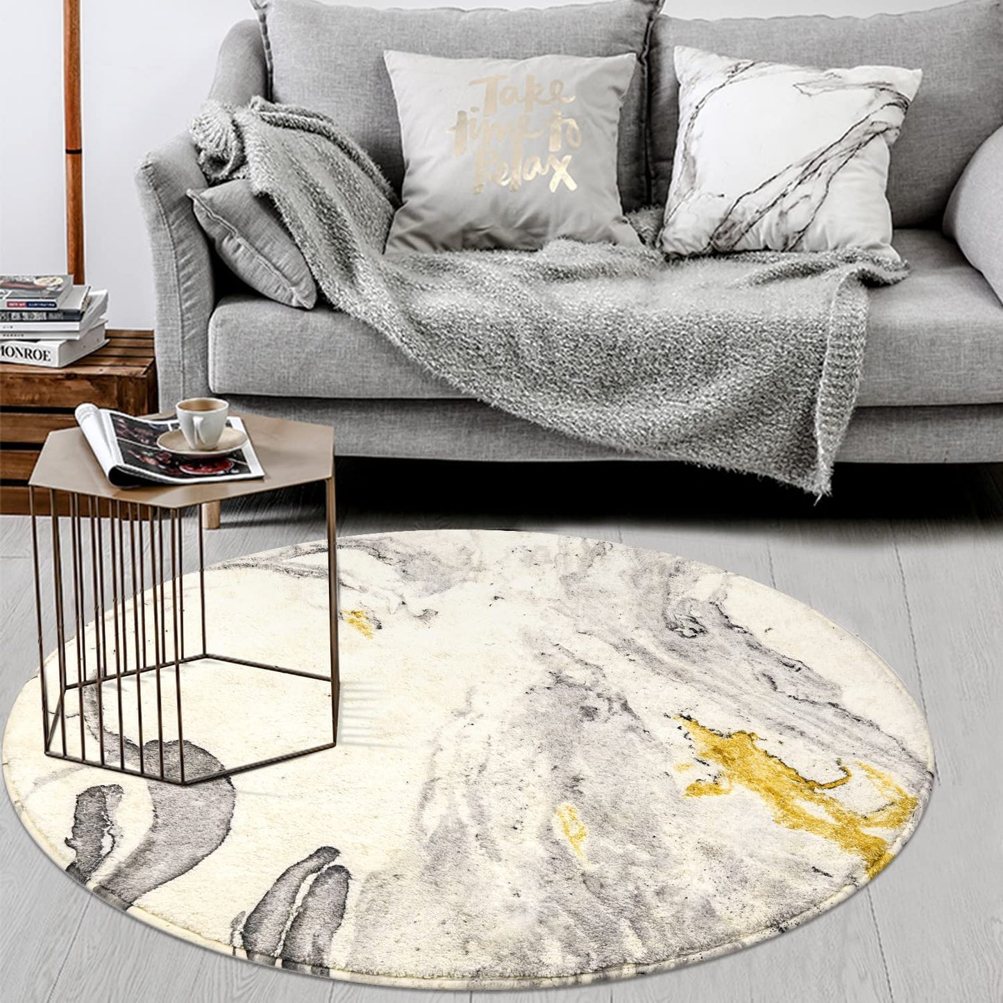 round Area Rugs 3' Diameter Modern Abstract Beige Marble Throw Rugs Super Soft Velvet Non-Slip Chic Distressed Accent Floor Carpet for Bedroom Living Room Nursery Decor