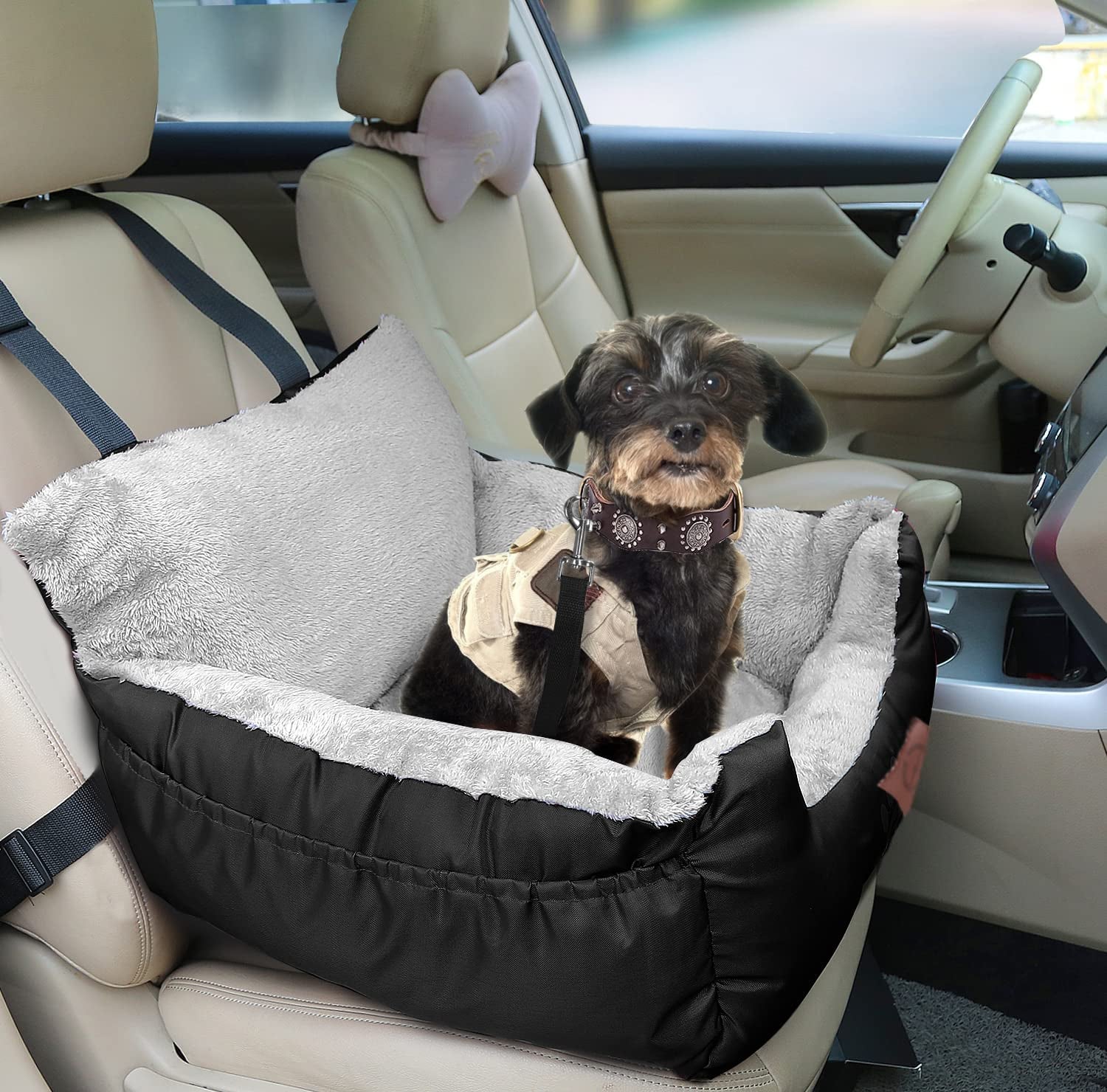 Dog Car Seat for Small Dogs, Warm Soft Pet Car Seat Washable Dog Car Bed with Storage Pocket and Clip-On Safety Leash Portable Car Travel Carrier Booster Seats