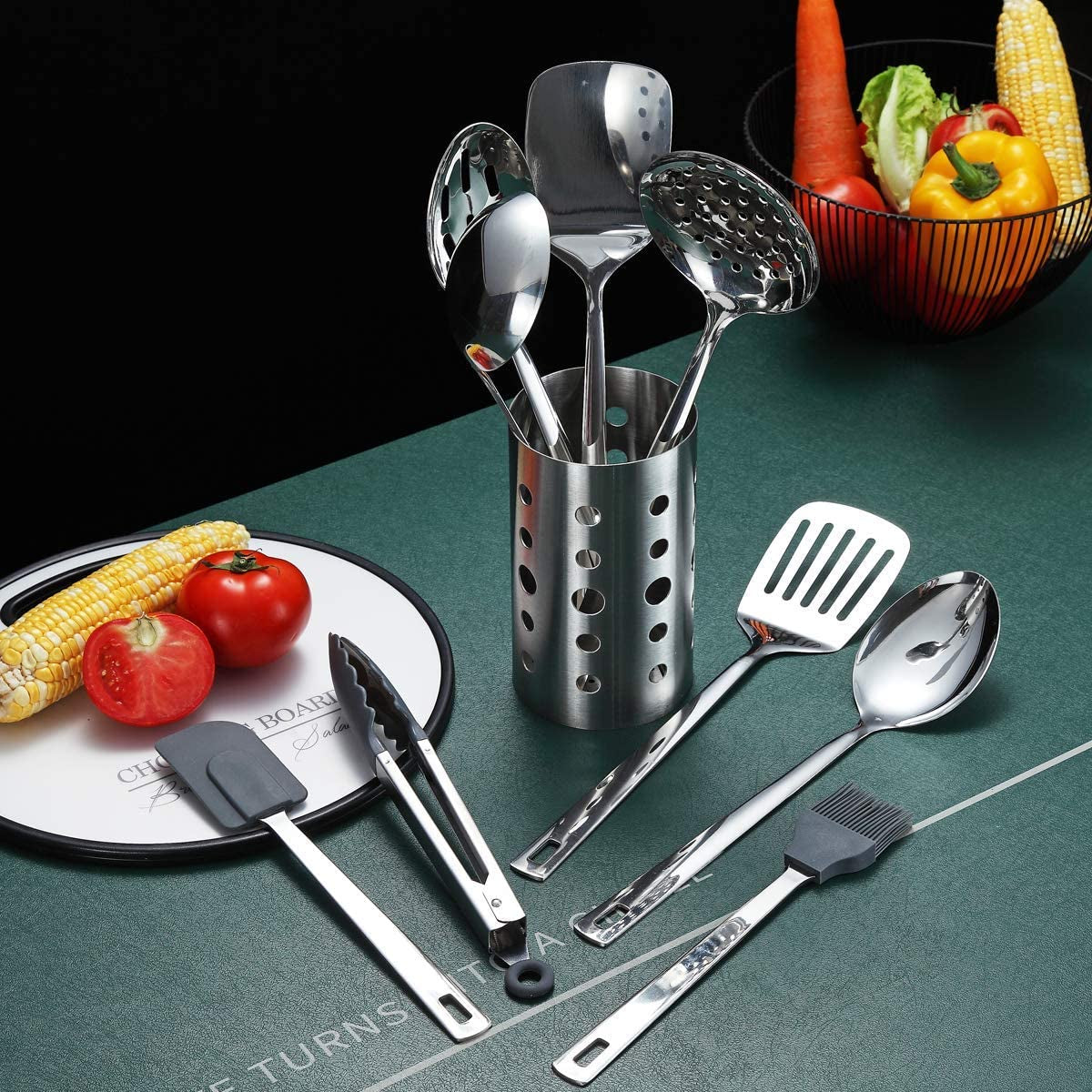 Stainless Steel Cooking Utensils Set, 13 Pieces Kitchen Utensils Set, Kitchen Tools Set with Utensil Holder Non-Stick and Heat Resistant,Dishwasher Safe, Easy to Clean (13 Packs)