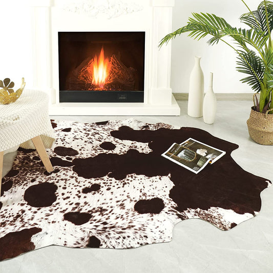 Cowhide Rug Faux Cow Print Area Rug for Bedroom, Faux Fur Animal Rug Cow Rugs for Living Room Non-Slip Cow Hide Carpet for Western Room Decor, White and Brown, 2.3Ft X 3.6Ft