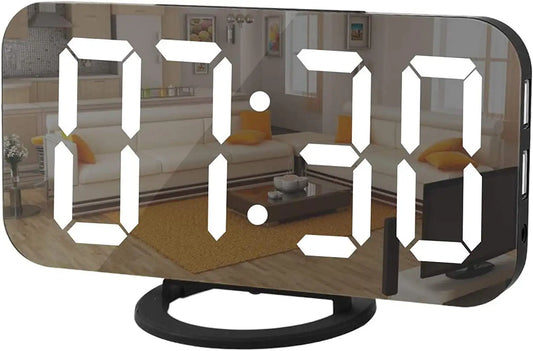 Digital Clock Large Display, LED Alarm Electric Clocks Mirror Surface for Makeup with Diming Mode, 3 Levels Brightness, Dual USB Ports Modern Decoration for Home Bedroom Decor-Black