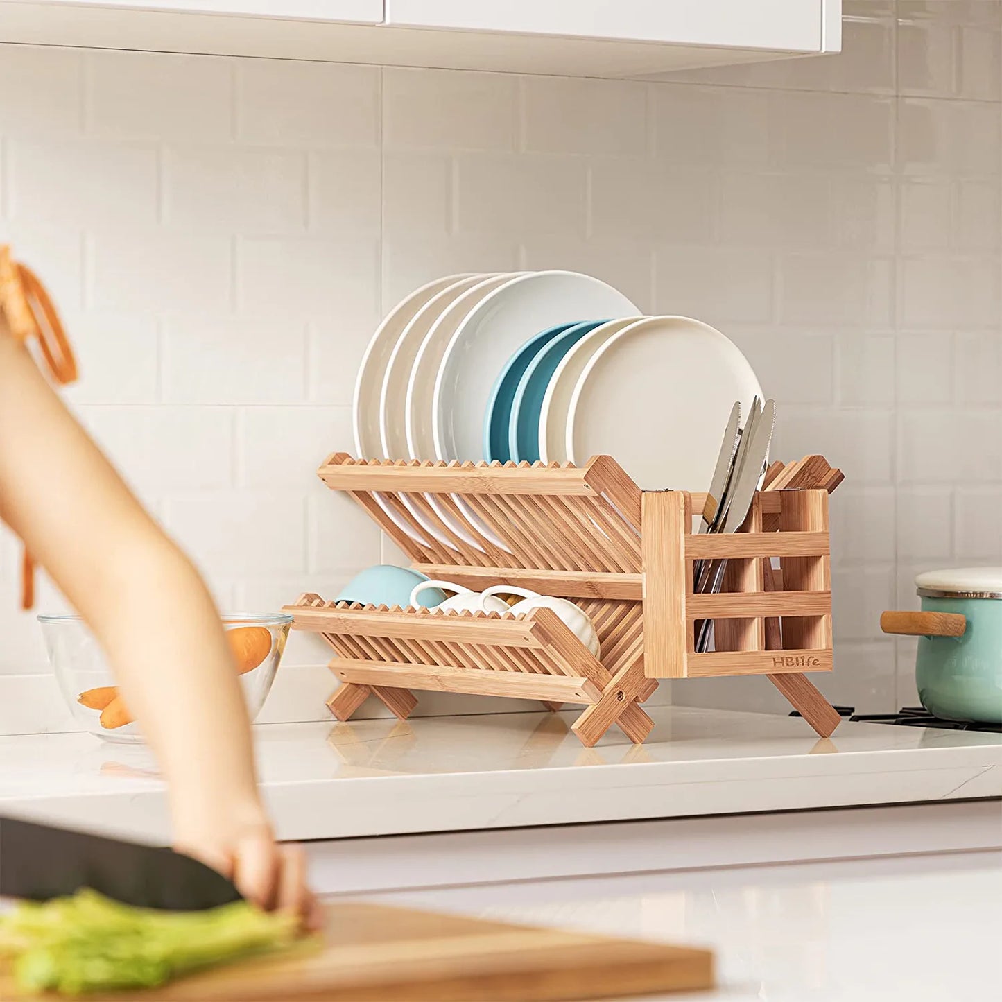 Dish Rack,Bamboo Folding 2-Tier Collapsible Drainer Dish Drying Rack with Utensils Flatware Holder Set (Dish Rack with Utensil Holder)