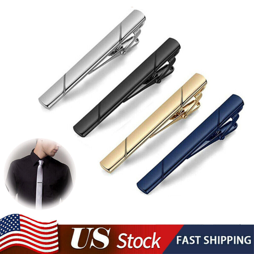 4Pcs Mens Tie Clip Necktie Bar Clasp Clamp Pin Stainless Steel Gold Black Silver