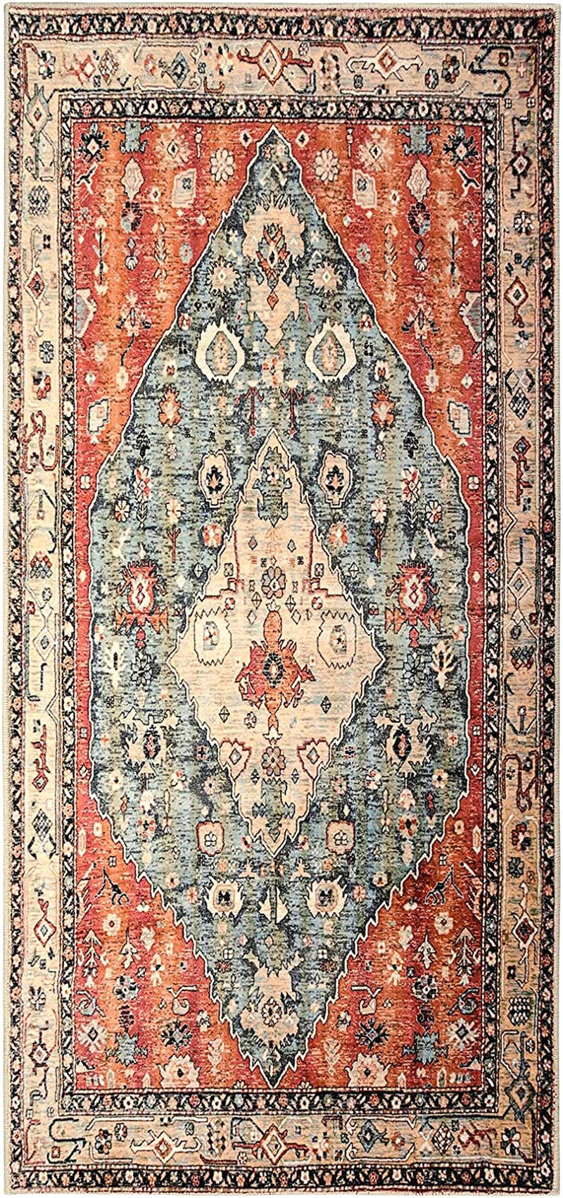 Boho Tribal Area Rug - 2X4.3 Persian Hallway Runner Rug Doormat Bohemian Faux Wool Throw Rug Non-Slip Washable Low-Pile Floor Carpet for Kitchen Laundry Room Entrance Bathroom
