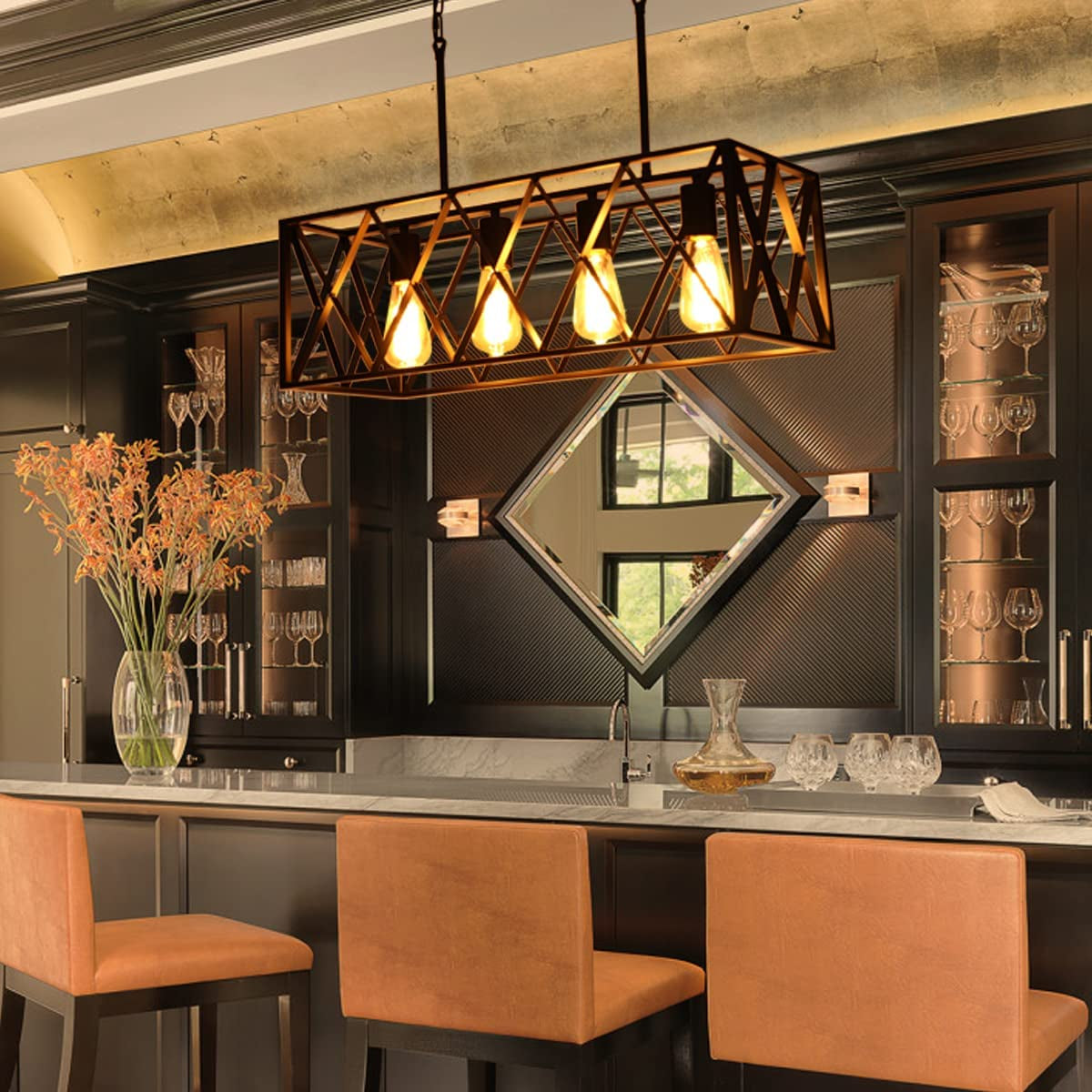 Kitchen Island Lighting Farmhouse Chandelier, 4-Lights Dining Room Light Fixtures 25.19'' Industrial Black Metal Rustic Rectangular Chandeliers for Living Room Bedroom Foyer Hallway Restaurant