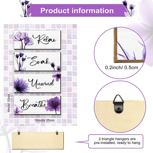 4 Pcs Elegant Bathroom Wall Decor Sign Tulip Relax Soak Unwind Breathe Wall Art Farmhouse Rustic Wood Plaque Vintage Wooden Printed Sign Hanging Bathroom Spa Decor (Purple, 10 X 4 Inch)