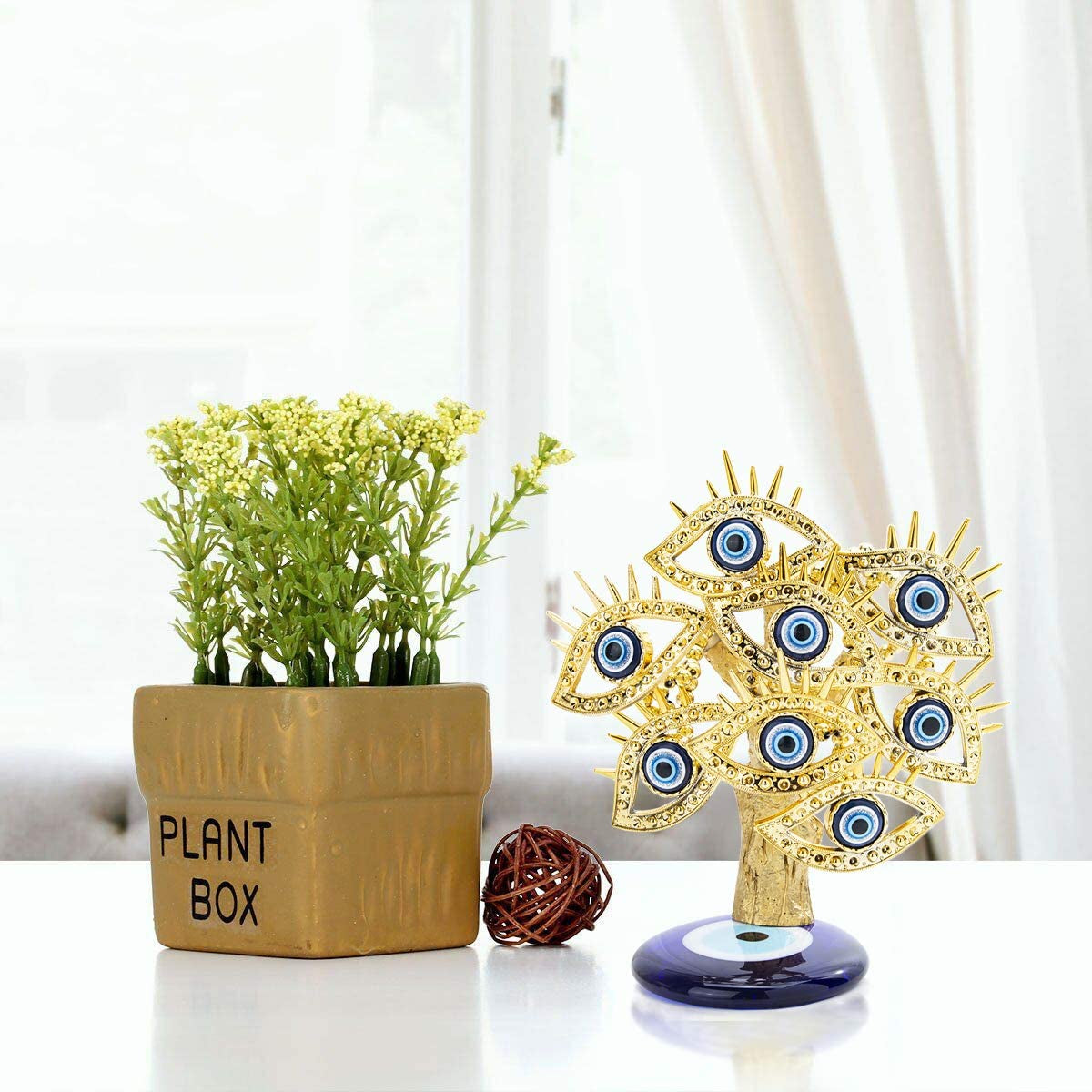 Golden Turkish Evil Eyes Tree with Blue Evil Eye Base for Home Decor Luck Gift