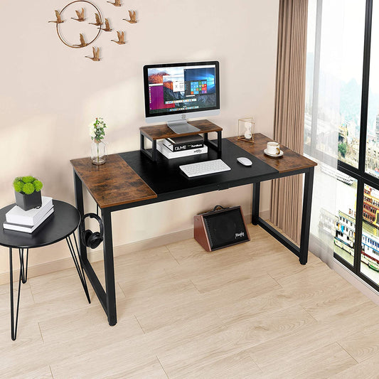 55 Inch Computer Desk, Home Office Desk, Large Writing Study Table with Splice Board, Morden Laptop Table with Monitor Stand, Headphone Hook, Extra Strong Legs (Black + Rustic Brown)