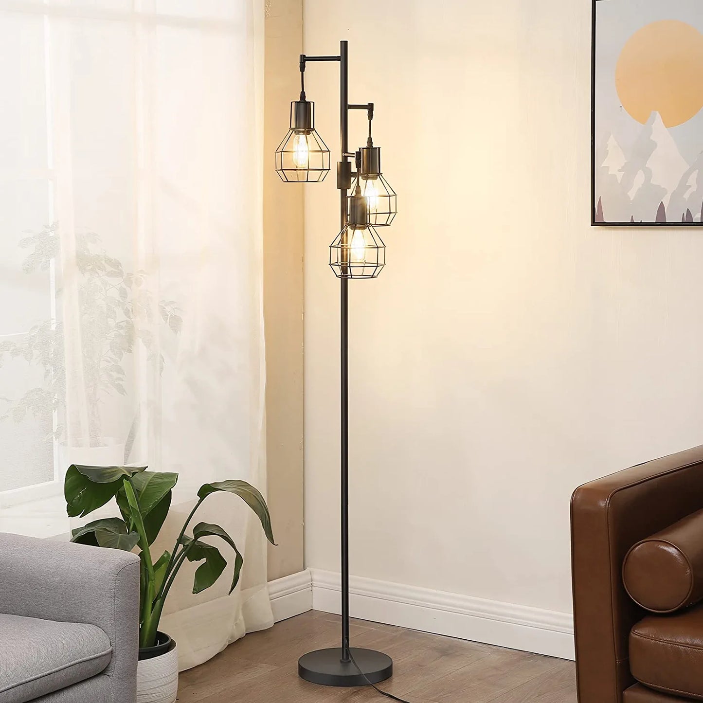 Industrial Floor Lamp, Dimmable Farmhouse Standing Lamp for Living Room, Sturdy Base, Rustic Tall Tree Reading Lamps Home Decor for Bedroom, Office, Black (3 LED Edison Bulbs Included)