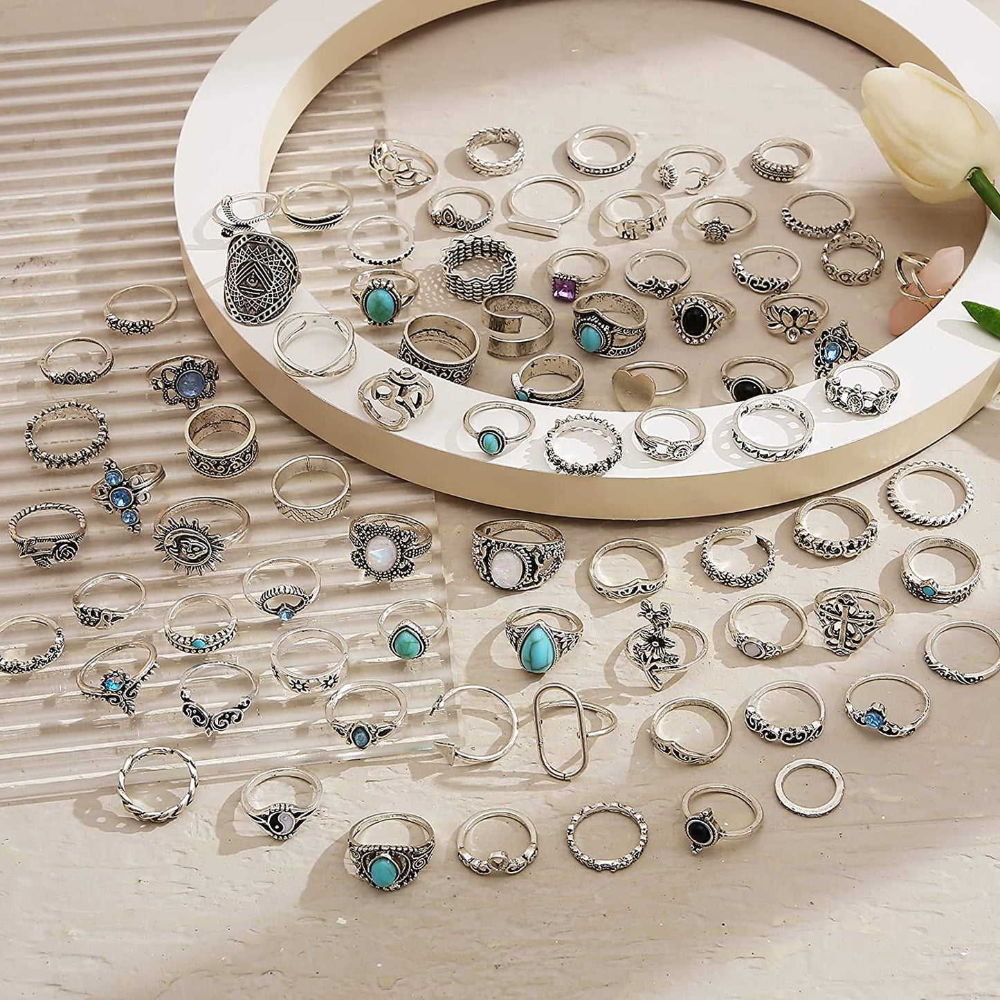 82 Pcs Vintage Silver Knuckle Rings Set for Women, Bohemian Stackable Joint Finger Rings, Retro Stone Crystal Stacking Midi Rings Pack
