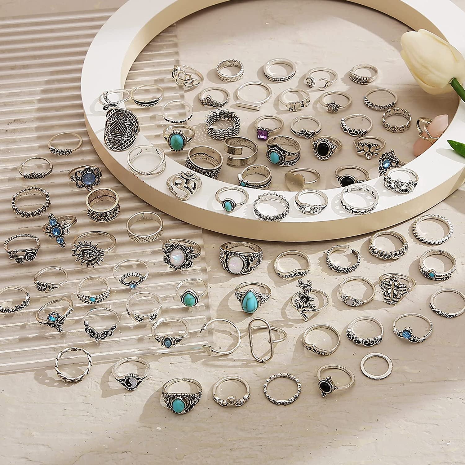 82 Pcs Vintage Silver Knuckle Rings Set for Women, Bohemian Stackable Joint Finger Rings, Retro Stone Crystal Stacking Midi Rings Pack