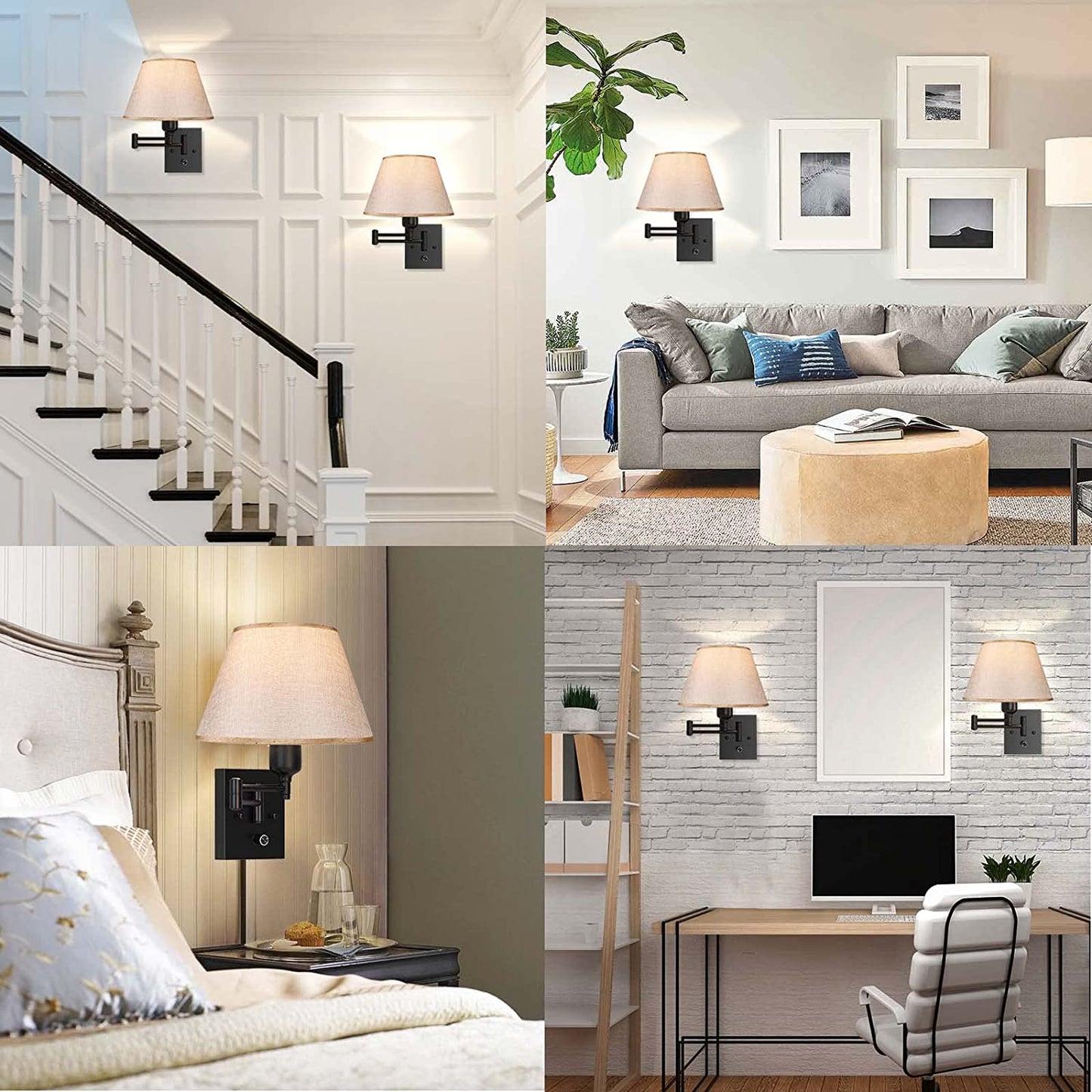Plug in Wall Sconces Set of 2, Dimmable Swing Arm Wall Lamp with Fabric Shade Wall Light Fixtures Wall Mounted Lighting Reading Light Fixture for Bedside Bedroom Indoor Doorway