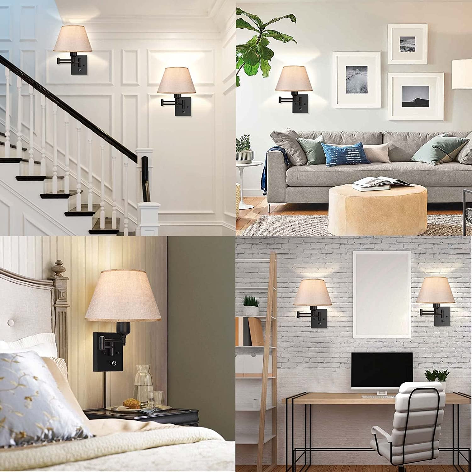 Plug in Wall Sconces Set of 2, Dimmable Swing Arm Wall Lamp with Fabric Shade Wall Light Fixtures Wall Mounted Lighting Reading Light Fixture for Bedside Bedroom Indoor Doorway
