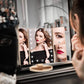 Makeup Mirror with 21 LED Lights,Two Power Supply, Touch Screen and 1X/2X/3X Magnification Tri-Fold Vanity Mirror , Gift for Women(Gold)