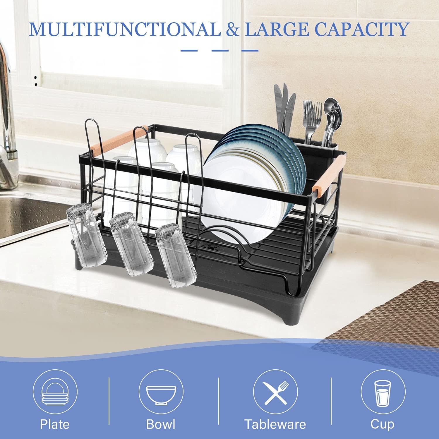 Dish Drying Rack, Dish Rack for Kitchen Counter, Rust-Proof Dish Drainer with Drying Board and Utensil Holder for Kitchen Counter Cabinet, 16.6” L× 12.6”W× 7.8”H, Black