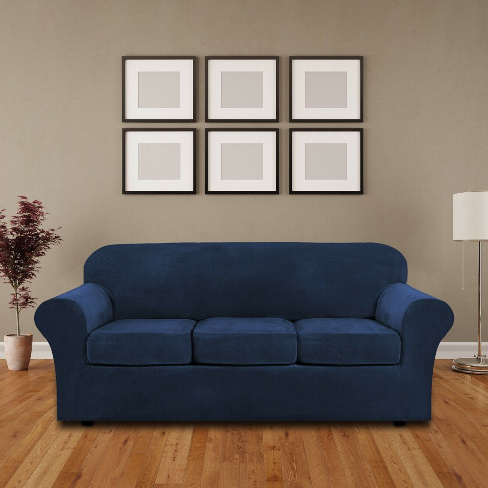 Velvet Plush 4 Piece Stretch Sofa Covers Couch Covers for 3 Cushion Couch 3 Seater Covers (Base Cover plus 3 Individual Cushion Covers) Feature Thick Soft Stay in Place