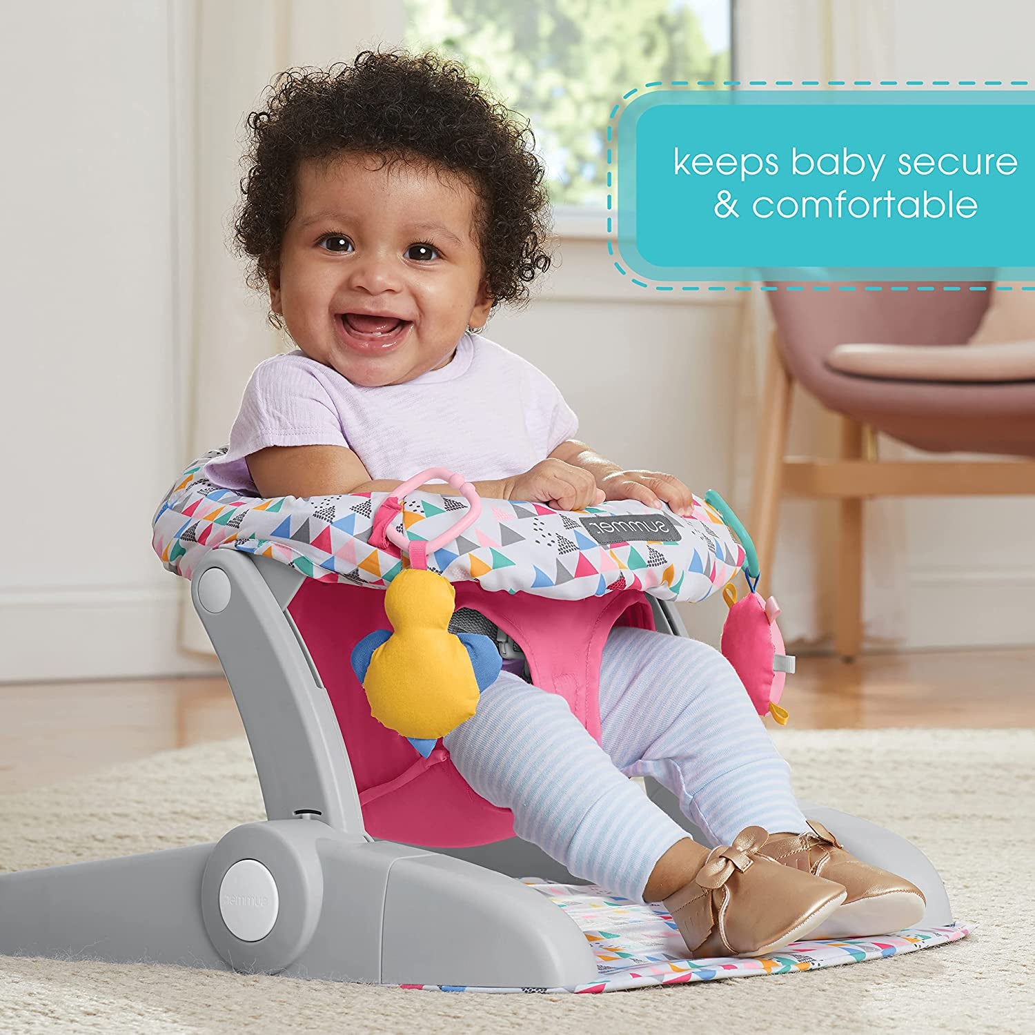 Summer® Learn-To-Sit™ 2-Position Floor Seat (Funfetti Pink) – Sit Baby up in This Adjustable Baby Activity Seat Appropriate for Ages 4-12 Months – Includes Toys